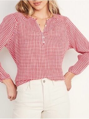 Old Navy Gingham Smocked Shoulder Poet Blouse